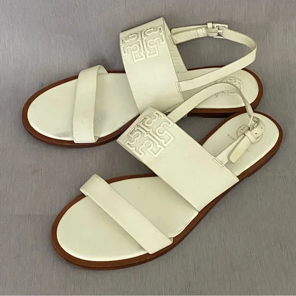 Tory Burch Flat White Slingback Sandals 8 M Big Logo Open Toe Leather - Picture 2 of 10